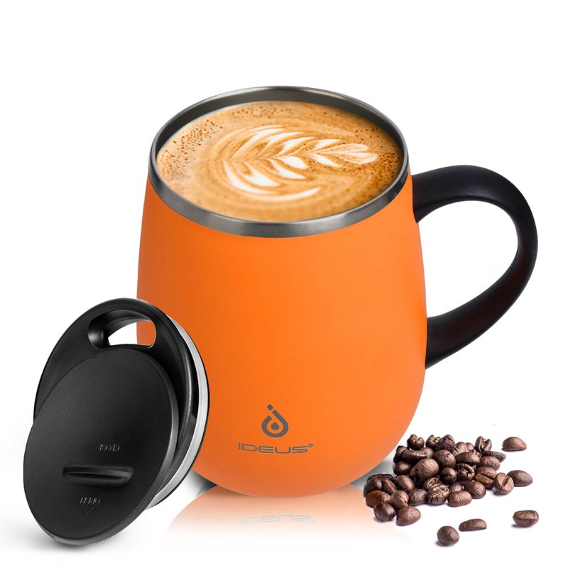 Ideus 16 oz Insulated Coffee Mug with Handle and Lid, Double Wall Stainless Steel Vacuum Thermal Coffee Mug, Travel Coffee Cup Thermal Cup for Home and Office, Orange Tiger - Image 1