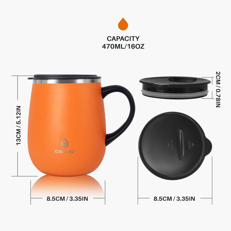 Ideus 16 oz Insulated Coffee Mug with Handle and Lid, Double Wall Stainless Steel Vacuum Thermal Coffee Mug, Travel Coffee Cup Thermal Cup for Home and Office, Orange Tiger - Image 5