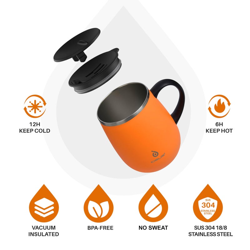 Ideus 16 oz Insulated Coffee Mug with Handle and Lid, Double Wall Stainless Steel Vacuum Thermal Coffee Mug, Travel Coffee Cup Thermal Cup for Home and Office, Orange Tiger - Image 2