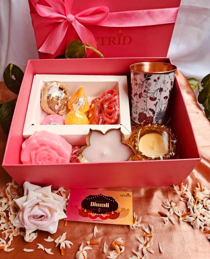 Astrid Luxe Diwali Delight Gift Box by Astrid Handmade Gifting Copper Glass mithai Candles Votive Candle soap Organic Soy Wax Candle - Image 1