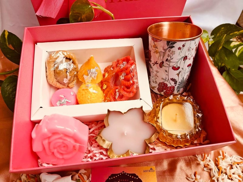 Astrid Luxe Diwali Delight Gift Box by Astrid Handmade Gifting Copper Glass mithai Candles Votive Candle soap Organic Soy Wax Candle - Image 2