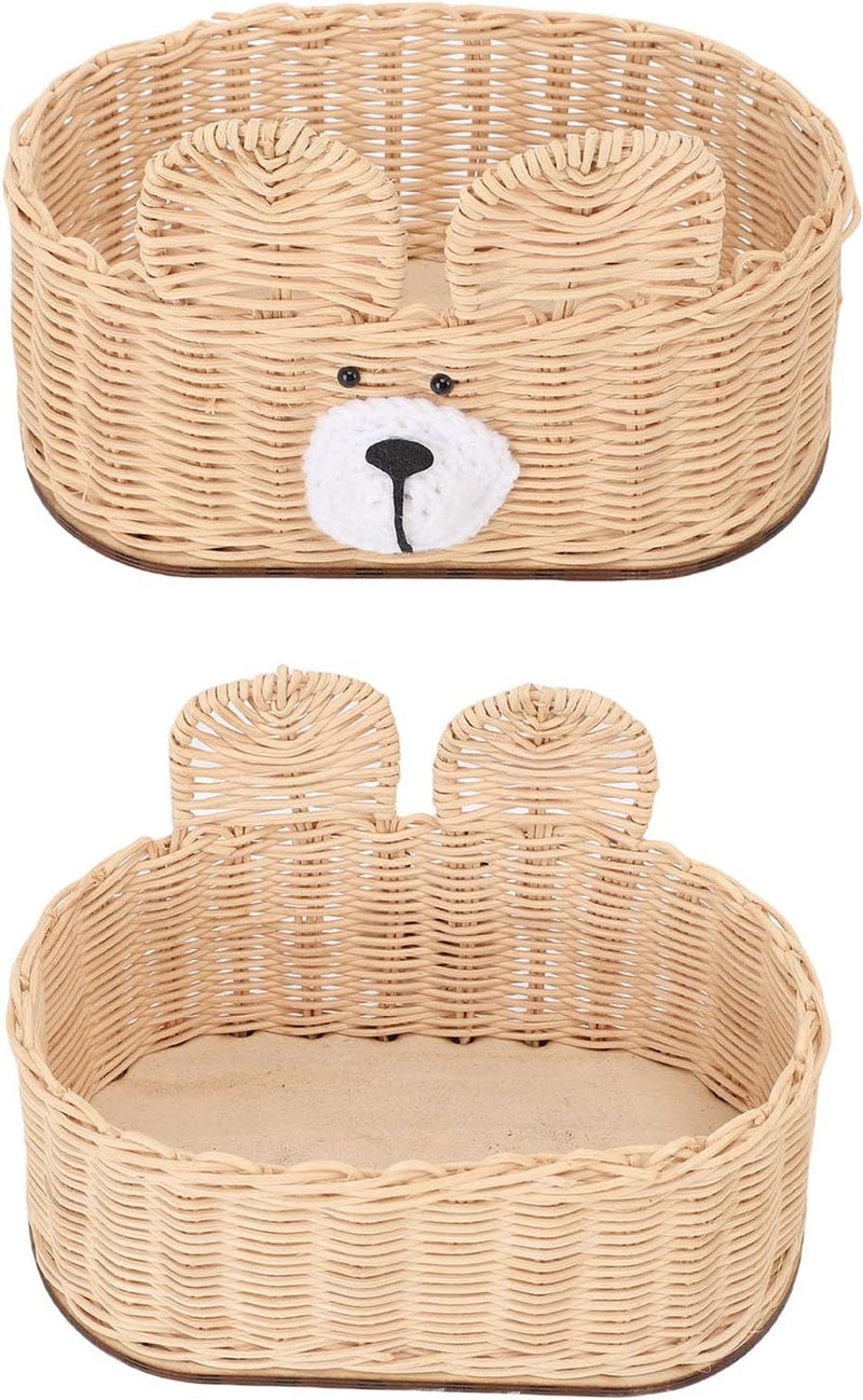 Handwoven Rattan Tissue Box Cover Decorative Napkin Holder Cute Bear Design Beige - Image 1