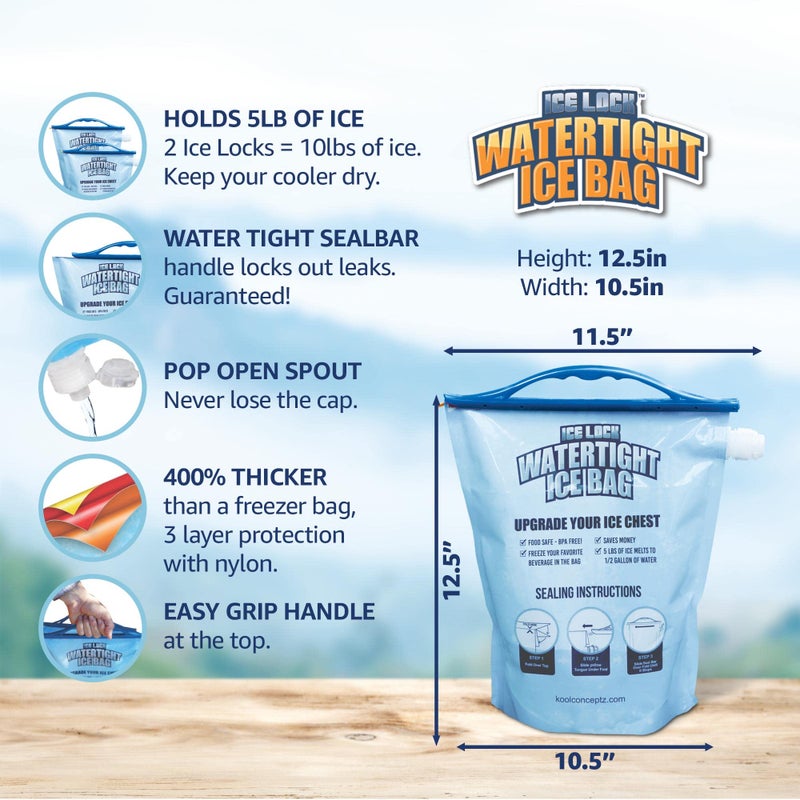 Ice Lock 2 Large Leakproof Ice Bags. The Original Reusable Ice Pack for Coolers - Drop in Cubed Ice & Make Cold, Dry Freezer Packs for Coolers - Drink Your ice When it Melts. - Image 4