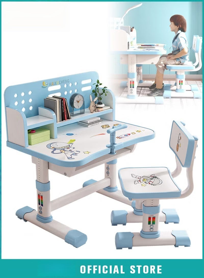 HOOKOR Enlarged Kids Table and Chair Set, Kids Study Table, Multifunctional Children's Reading Study Activity Desk, Ergonomic Toddler Chairs, with Storage Drawer, Bookcase, Double Shelves, for School Student Writing Studying - Image 1