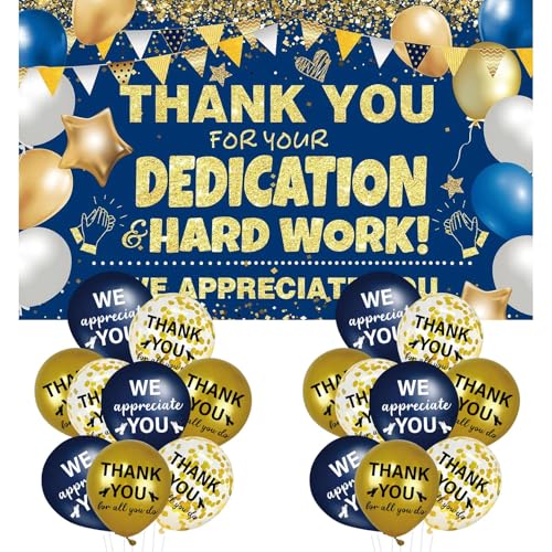 GOLDCROW We Appreciate You Decorations Navy Blue Gold Banner with 18pcs 12 Balloons Thank You Backdrop for Employee Staff Teacher Doctors Nurse Pastor Volunteer Appreciation Week Party Decor - Image 1