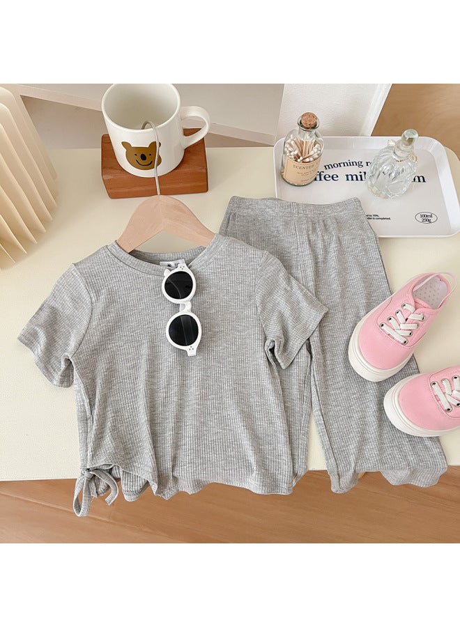 Girls' Summer Outfit Set New Stylish Drawstring Irregular Short-sleeve Wide-leg Pants Two-piece Set For Young Children