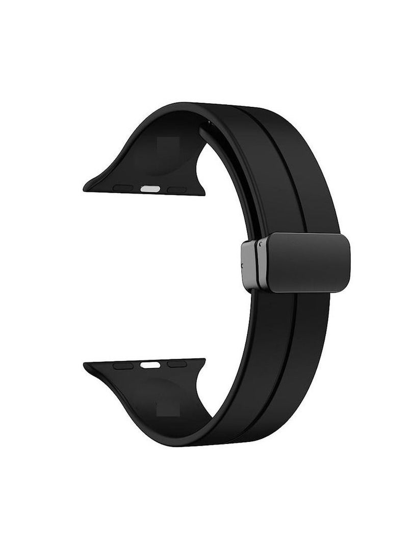 Generic - For Apple Watch 45mm 8 Series - D-Shape Magnetic Clasp Silicone Replacement Sport Wristband Band - Black - Image 1