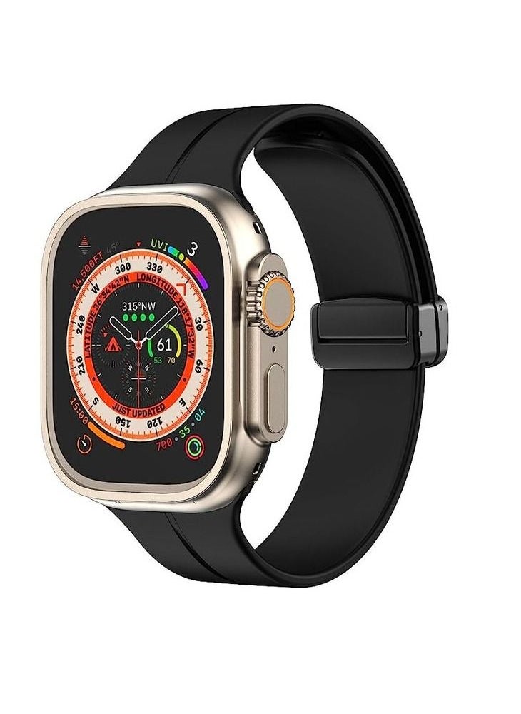 Generic - For Apple Watch 45mm 8 Series - D-Shape Magnetic Clasp Silicone Replacement Sport Wristband Band - Black - Image 1