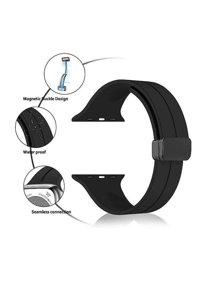 Generic - For Apple Watch 45mm 8 Series - D-Shape Magnetic Clasp Silicone Replacement Sport Wristband Band - Black - Image 1