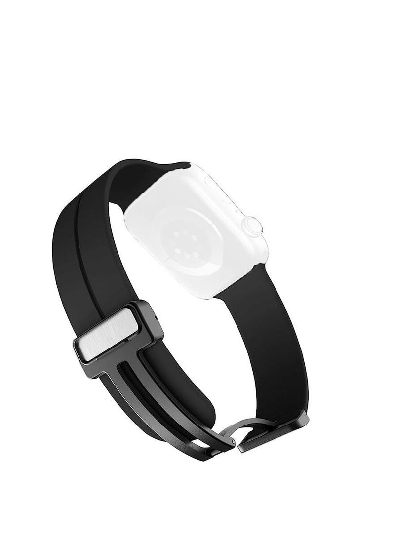 Generic - For Apple Watch 45mm 8 Series - D-Shape Magnetic Clasp Silicone Replacement Sport Wristband Band - Black - Image 1