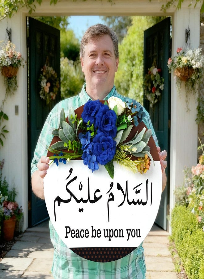 Dazingart أكاليل سلام من دازينجارت للباب الأمامي، لافتة باب إسلامية "السلام عليكم" مع ورود صناعية، ديكور حائط رمضاني، هدايا زينة عيد مبارك لحفلات المسلمين (أزرق) - Image 4