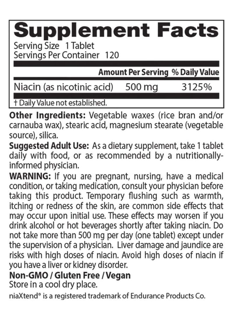 Timerelease Niacin With Niaxtend Nongmo Vegan Gluten Free 500 Mg 120 Tablets