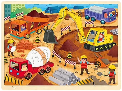 MoinKidz 48 Piece Puzzles for Kids Ages 48 Each Piece is Unique Construction Site Wooden Jigsaw Puzzle for 3 4 5 Year Old Toddlers Boys and Girls with Puzzle Tray - Image 1