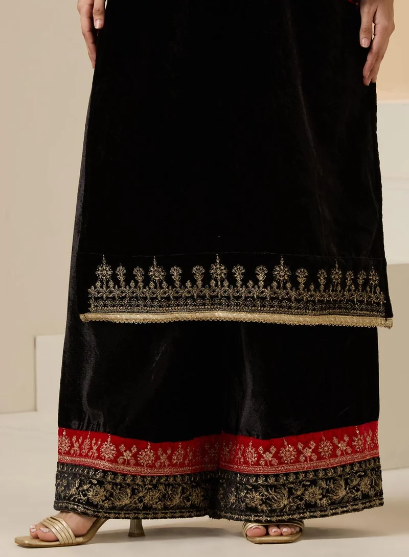 ISHIN Women's Black Velvet Embroidered Tunic Full Length Palazzo Straight Fit Kurta Set