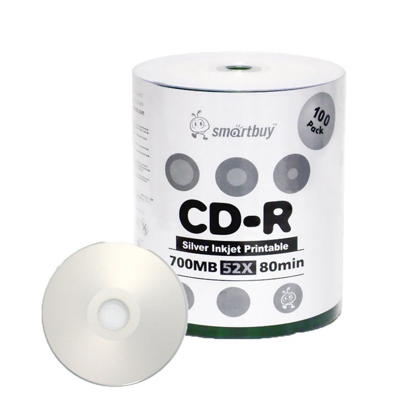 Smartbuy 100-disc 700mb/80min 52x CD-R Silver Inkjet Hub Printable Blank Recordable Media Disc - Image 1