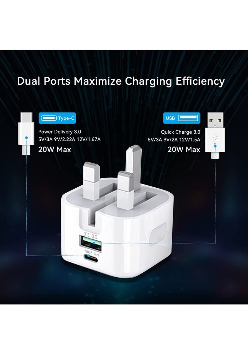 20W USB C Charger Block, 2-Ports [USB-C + USB] Charging Station, QC PD3.0 GaN Fast Charging Block, Type C Power Adapter for iPad Pro/iPhone/Samsung Note/Galaxy (Not with Cable)