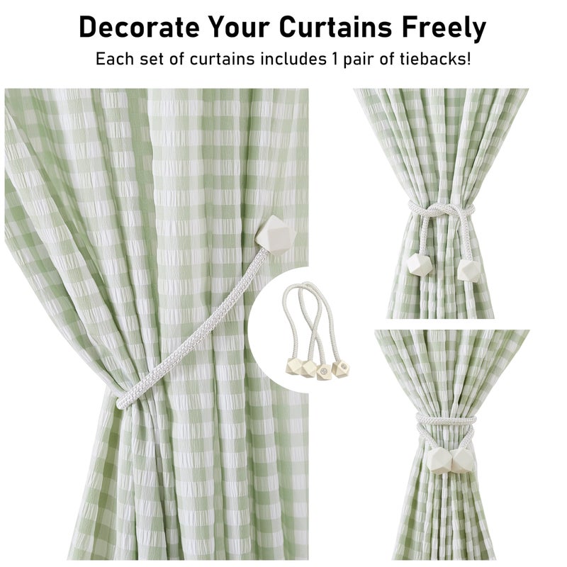 ZJDECOR Sage Green White Buffalo Plaid Curtains 84 Inches Long,Crinkled Not-See-Through Sheer Rod Pocket Drapes,Rustic Window Treatment for Nursery Living Room,Tiebacks Included,52" Wx84 L(Pack of 2) - Image 3