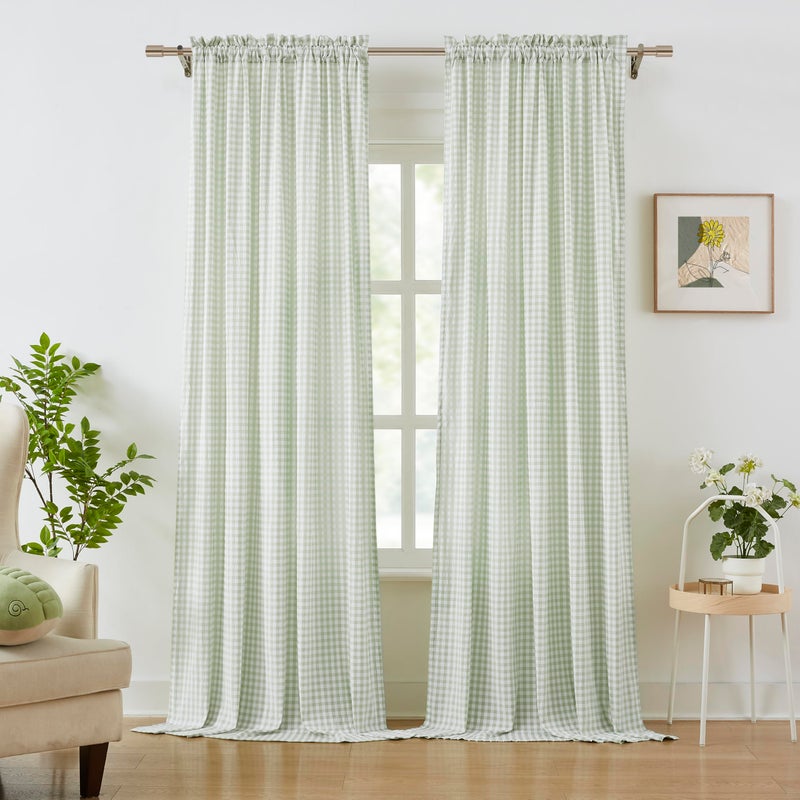 ZJDECOR Sage Green White Buffalo Plaid Curtains 84 Inches Long,Crinkled Not-See-Through Sheer Rod Pocket Drapes,Rustic Window Treatment for Nursery Living Room,Tiebacks Included,52" Wx84 L(Pack of 2) - Image 1