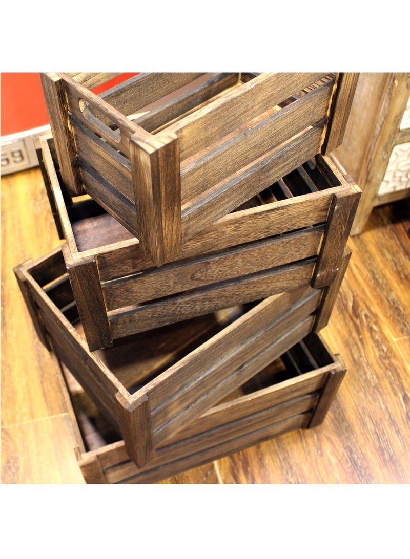LINGWEI Wooden Storage Crates With Handles Rustic Small Medium Large & E Large Size Decorative Wood Crate Natural Unfinished Home Basket Display Box(Set of 4) - Image 2