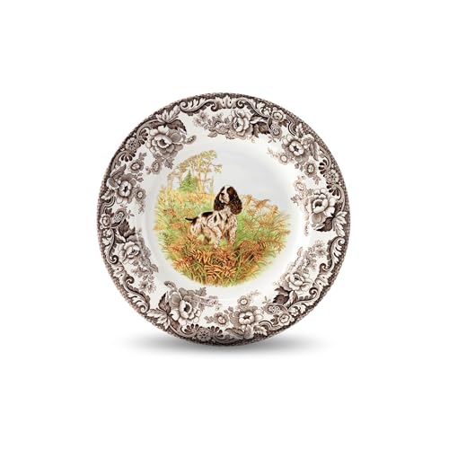 Spode Woodland Hunting Dogs English Springer Spaniel Salad Plate 8 Inch Fine Earthenware Dishwasher Microwave Warm Oven Safe to 225F Made in England Rustic Wildlife Tableware