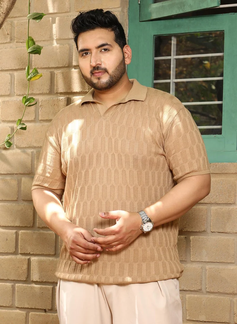 Instafab Plus Instafab Plus Men's Tan Brown Honeycomb-Textured Polo T-Shirt For Casual Wear | Polo Neck | Short Cuffed Sleeves | Pull On Closure | Plus Size T-Shirt Crafted With Comfort Fit For Everyday Wear