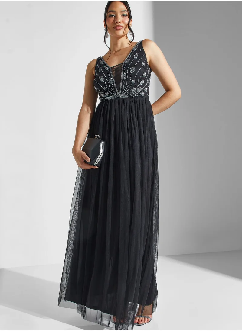 Lace and Beads Embellished Mesh Plisse Dress