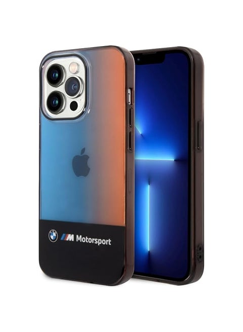 BMW Motorsport Collection PC/TPU IML Case With Printed Middle Tricolor Fading Stripe, Full Cover Protection, Anti-Scratch, Compatible with iPhone 14 Pro Max - Black