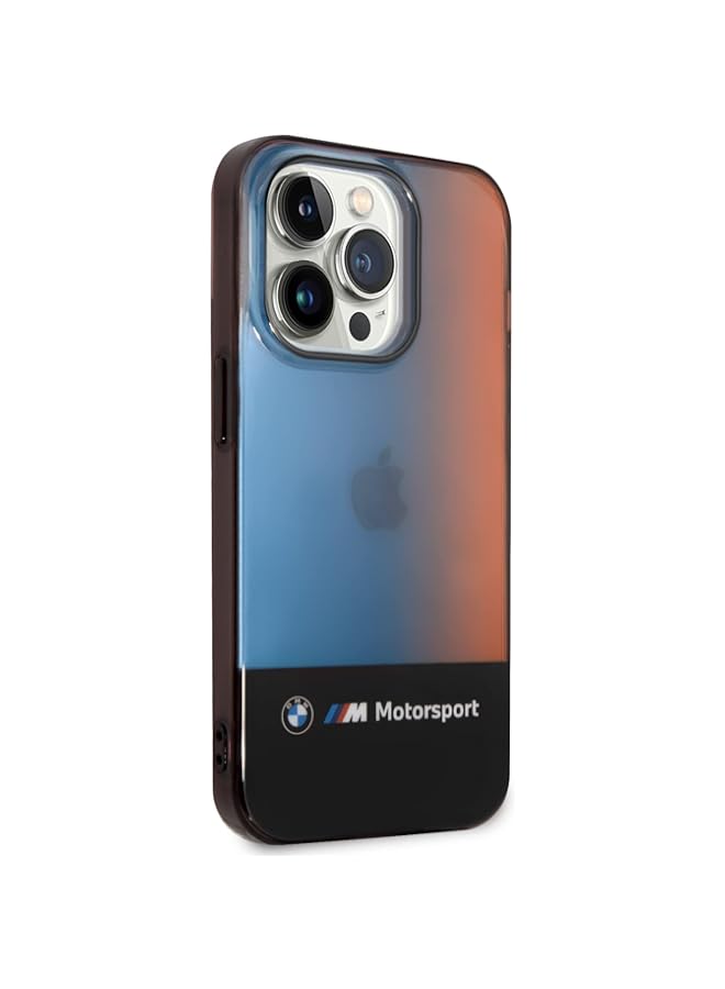 BMW Motorsport Collection PC/TPU IML Case With Printed Middle Tricolor Fading Stripe, Full Cover Protection, Anti-Scratch, Compatible with iPhone 14 Pro Max - Black