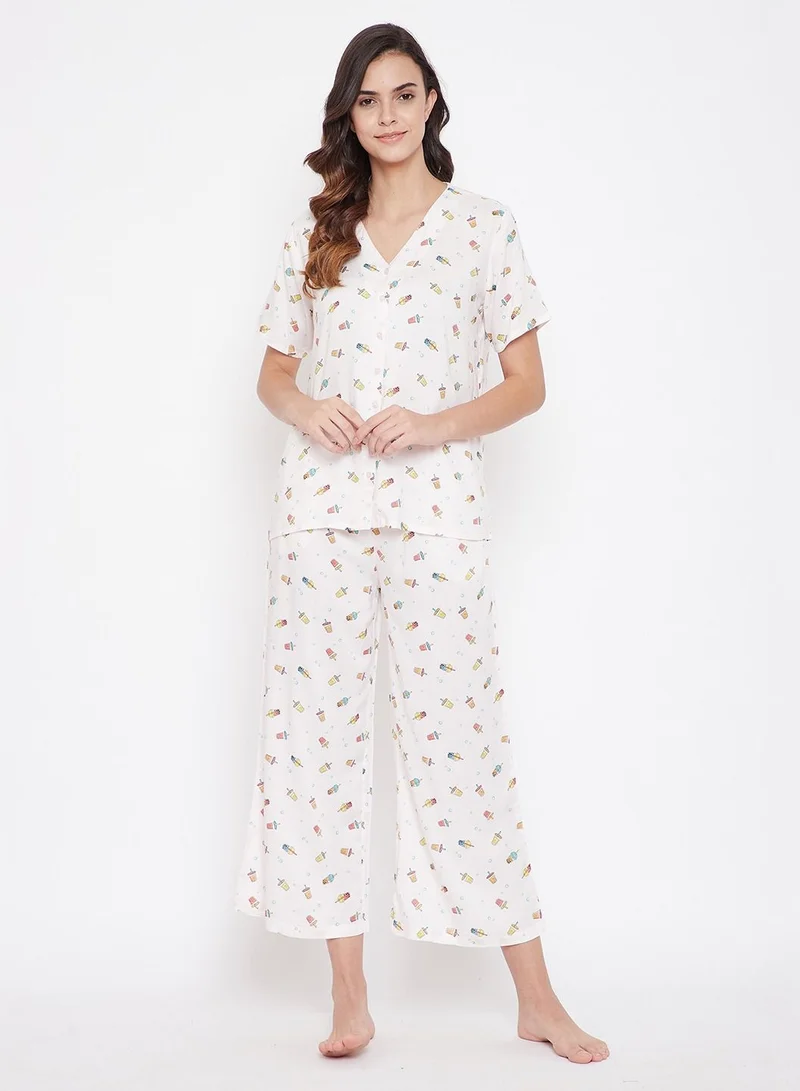 Clovia Clovia Sipper Print Button Me Up Top and Pyjama in White - Cotton Rich