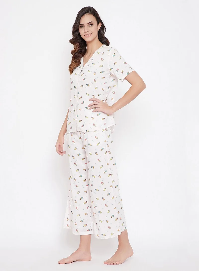 Clovia Clovia Sipper Print Button Me Up Top and Pyjama in White - Cotton Rich