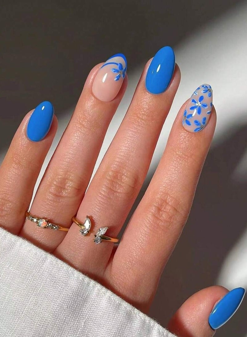 اظافر تركيب مجموعة 24 قطعة أظافر تركيب باللون الأزرق مع تصميم زهور أنيق - Image 1