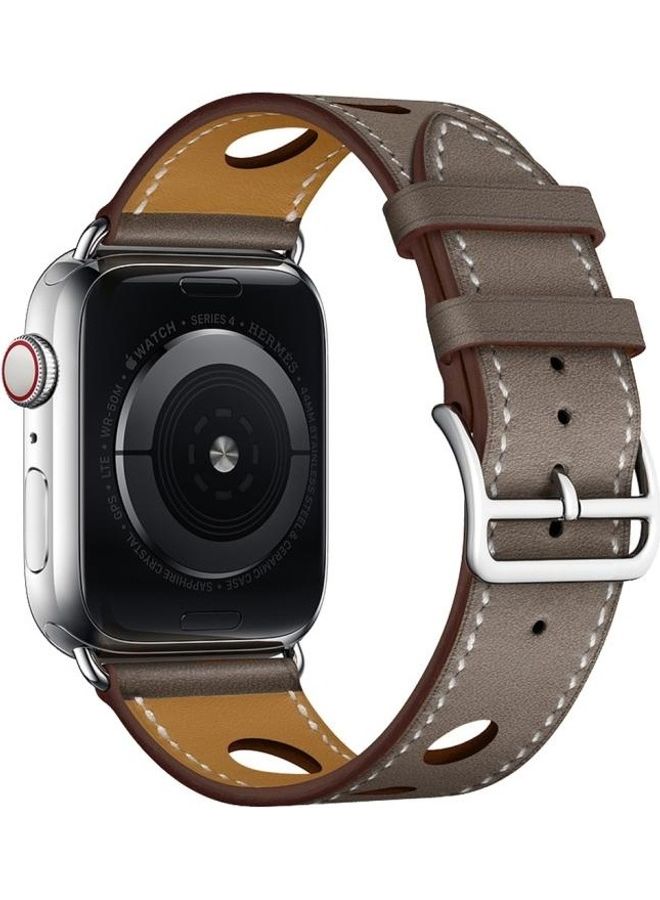 NIBEMINENT Fashionable Single Circle Three Holes Genuine Leather Strap for Apple Watch Series 7/6/SE/5/4/3/2/1 42/44/45mm Grey  - Image 3