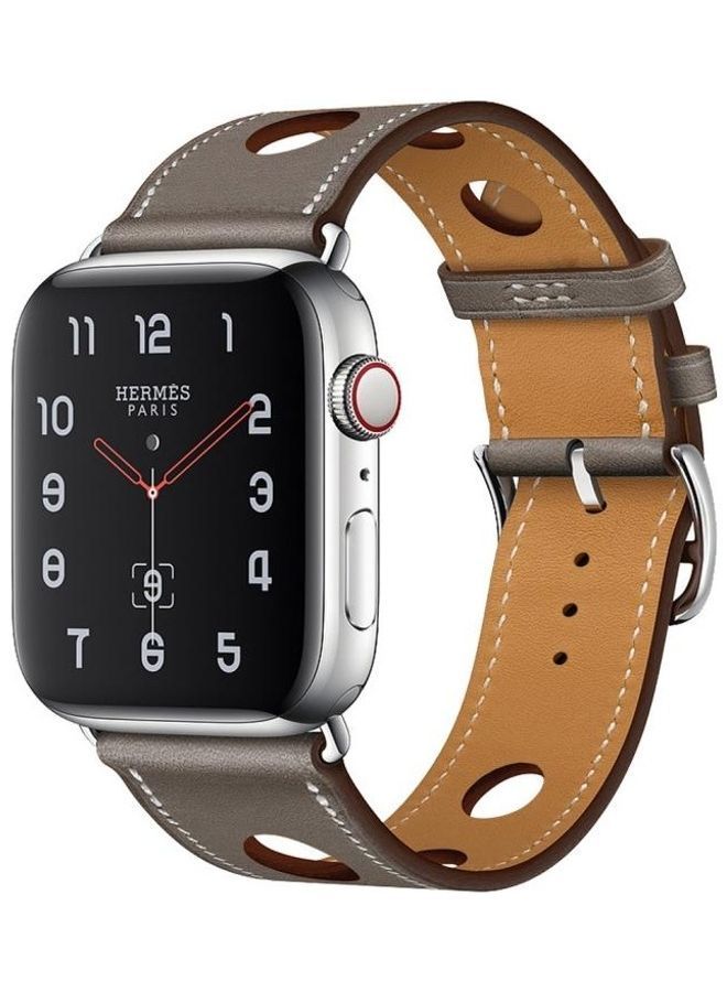 NIBEMINENT Fashionable Single Circle Three Holes Genuine Leather Strap for Apple Watch Series 7/6/SE/5/4/3/2/1 42/44/45mm Grey  - Image 2