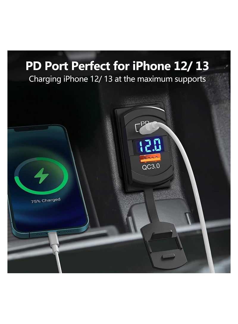 USB C Car Charger Socket with Rocker Switch, Dual PD and QC3.0 12V/24V Panel Mount USB Outlet and LED Voltmeter for Marine, Truck, Bus, Off-Road Vehicles, RV, Golf Cart and More. - Image 2