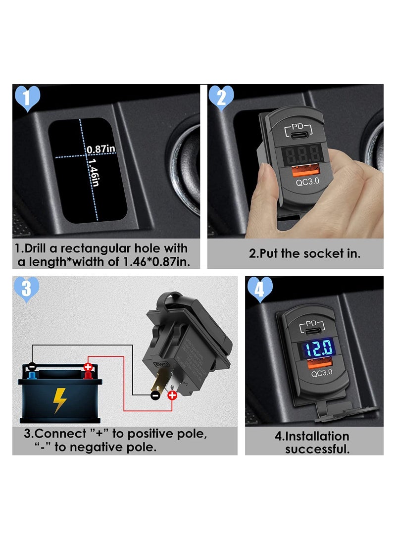 USB C Car Charger Socket with Rocker Switch, Dual PD and QC3.0 12V/24V Panel Mount USB Outlet and LED Voltmeter for Marine, Truck, Bus, Off-Road Vehicles, RV, Golf Cart and More. - Image 5