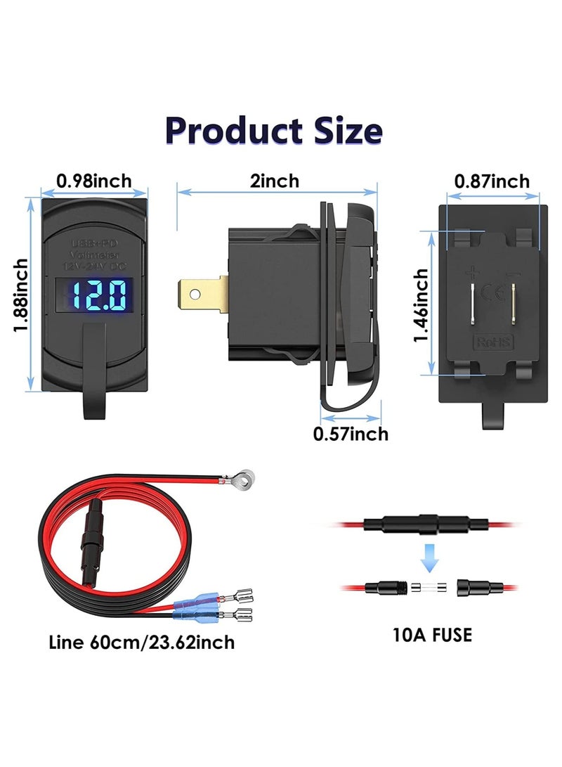 USB C Car Charger Socket with Rocker Switch, Dual PD and QC3.0 12V/24V Panel Mount USB Outlet and LED Voltmeter for Marine, Truck, Bus, Off-Road Vehicles, RV, Golf Cart and More. - Image 4