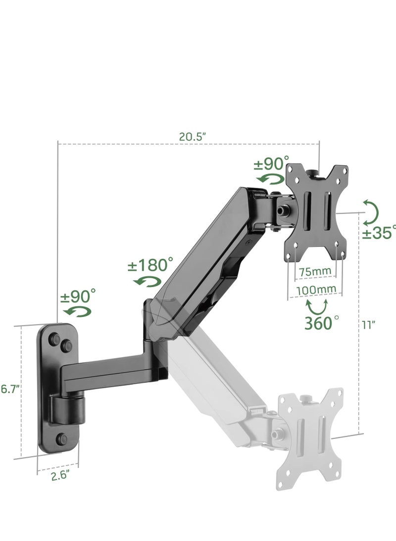 SOLARAE Single Monitor Wall Mount for 17 to 35 Inch Computer Screens, Gas Spring Wall Monitor Arm Holds Up to 12kg , with Fits Four VESA Mounting Sizes 75x75, 100x100, Black - Image 5