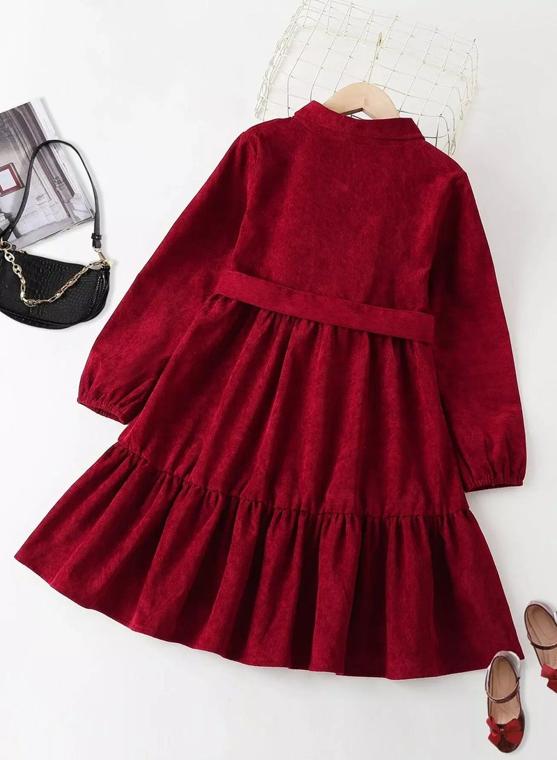 Girls Ruffle Hem Belted Shirt Dress - Image 2