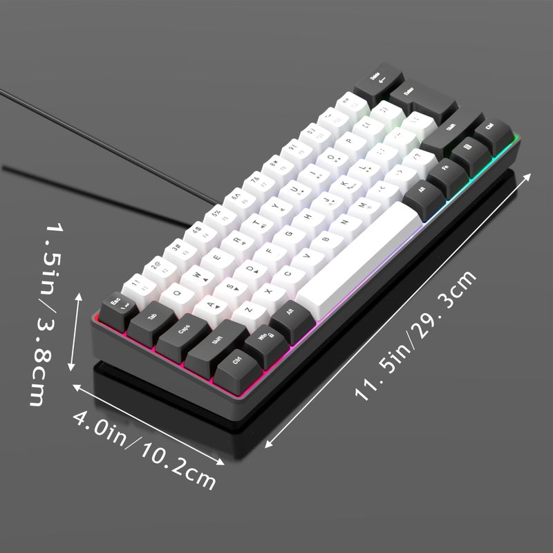 2025 لوحة مفاتيح ألعاب سلكية فائقة الصغر 60 مفتاح، بإضاءة خلفية RGB بالأبيض والأسود، لوحة مفاتيح صغيرة مريحة 61 مفتاح، مع منفذ USB، لوحة مفاتيح محمولة للمكتب متوافقة مع أجهزة الكمبيوتر المحمولة والمكتبية، هدية العطلات - Image 1