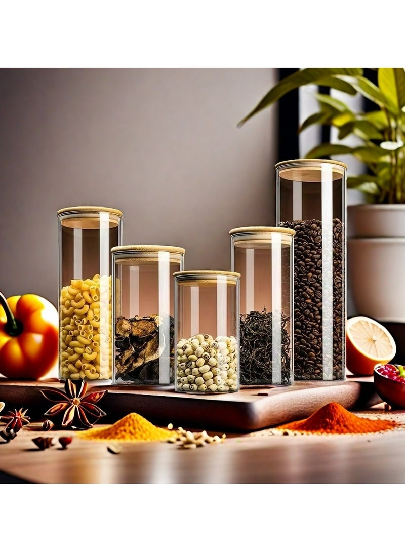 دامال 5 قطع جرة تخزين زجاجية مستديرة ، حبوب البن التوابل حلوى جرة تخزين الشاي مع غطاء خشبي جرة زجاجية - Image 1