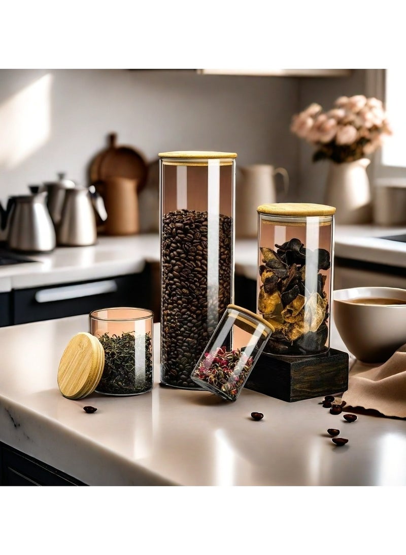 دامال 5 قطع جرة تخزين زجاجية مستديرة ، حبوب البن التوابل حلوى جرة تخزين الشاي مع غطاء خشبي جرة زجاجية - Image 2