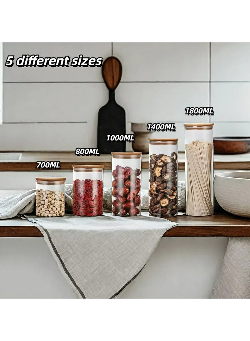 دامال 5 قطع جرة تخزين زجاجية مستديرة ، حبوب البن التوابل حلوى جرة تخزين الشاي مع غطاء خشبي جرة زجاجية - Image 3