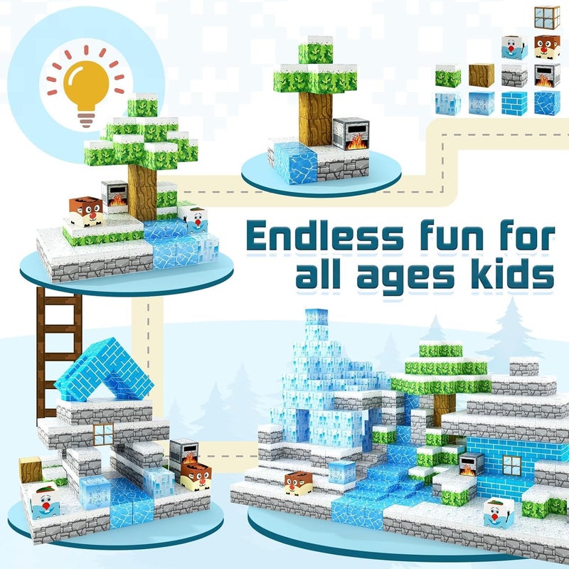 Moonmen Magnetic Building Blocks Set, Mine Magnet World Set For Toddler Educational STEM Construction Toy, Non-Toxic ABS Material Magnet Cubes Construction Toys (112 Pcs Snow World) - Image 4