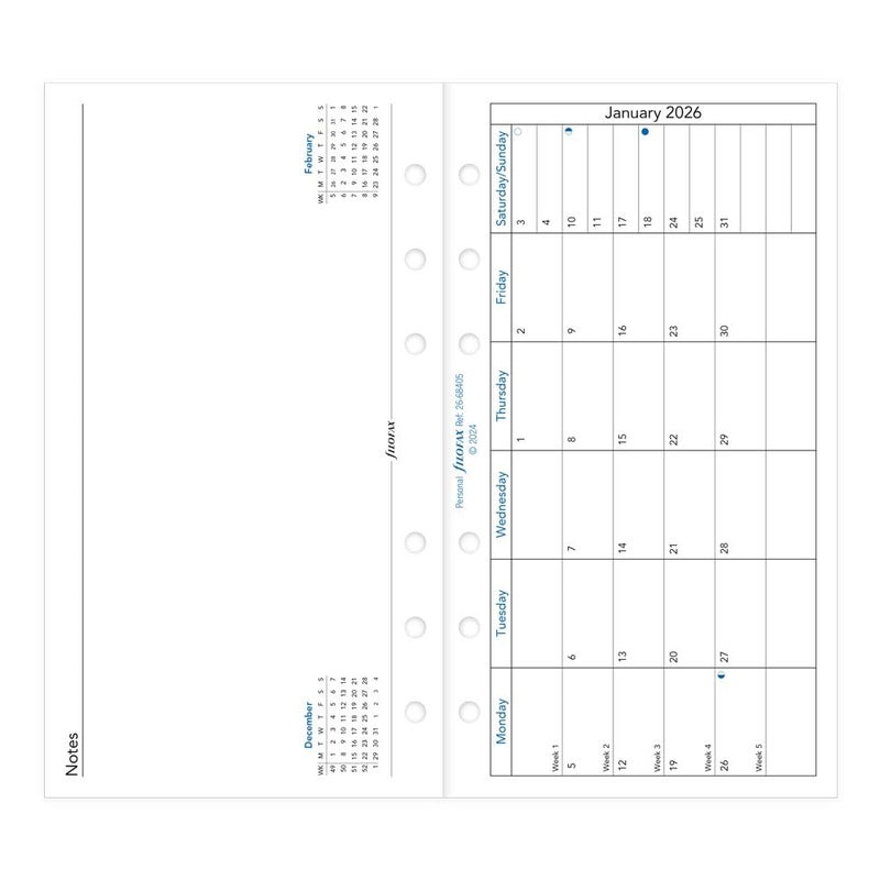 FILOFAX إعادة تعبئة مفكرة فيلوفاكس، حجم شخصي/مضغوط، شهر في صفحة واحدة مع ملاحظات، أفقي، ورق أبيض، إنجليزي، 2026 (C68405-26) - Image 1