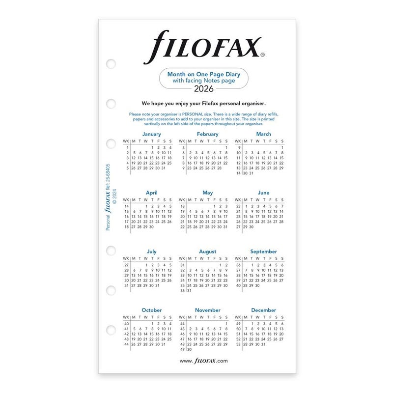 FILOFAX إعادة تعبئة مفكرة فيلوفاكس، حجم شخصي/مضغوط، شهر في صفحة واحدة مع ملاحظات، أفقي، ورق أبيض، إنجليزي، 2026 (C68405-26) - Image 3