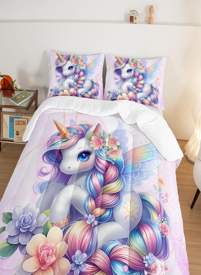 HOSIMA Unicorn Twin Comforter Set for Teenage Girl Room Decor,Kawaii Unicorn with Wings Surrounded by Flowers Print Animal Bedding,Fluffy Cute Bedding for Princess with 2 Pillowcases. - Image 4