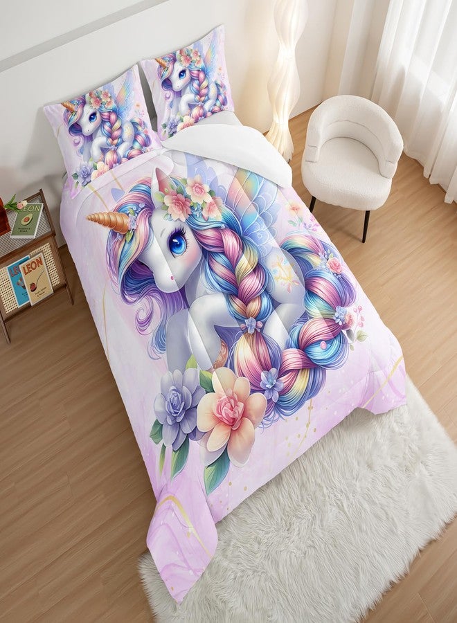 HOSIMA Unicorn Twin Comforter Set for Teenage Girl Room Decor,Kawaii Unicorn with Wings Surrounded by Flowers Print Animal Bedding,Fluffy Cute Bedding for Princess with 2 Pillowcases. - Image 3