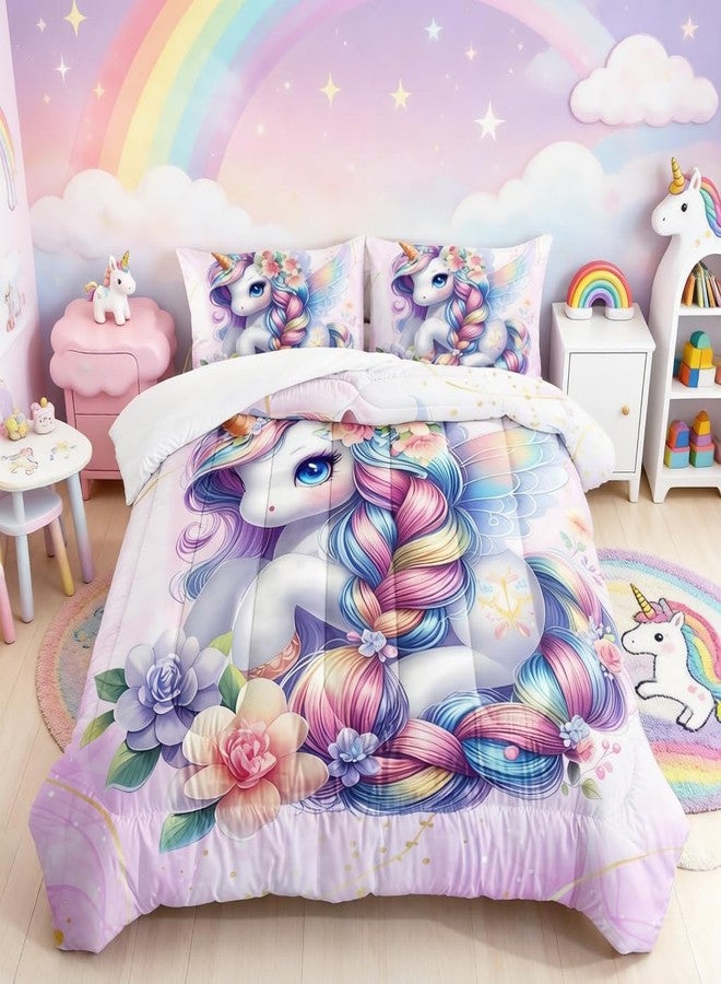 HOSIMA Unicorn Twin Comforter Set for Teenage Girl Room Decor,Kawaii Unicorn with Wings Surrounded by Flowers Print Animal Bedding,Fluffy Cute Bedding for Princess with 2 Pillowcases. - Image 1