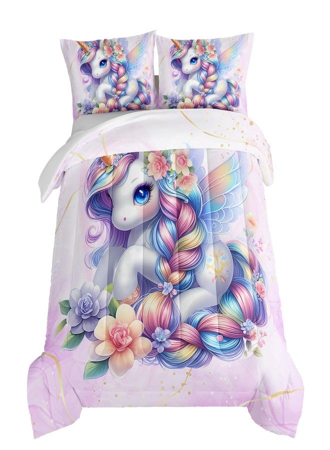 HOSIMA Unicorn Twin Comforter Set for Teenage Girl Room Decor,Kawaii Unicorn with Wings Surrounded by Flowers Print Animal Bedding,Fluffy Cute Bedding for Princess with 2 Pillowcases. - Image 2