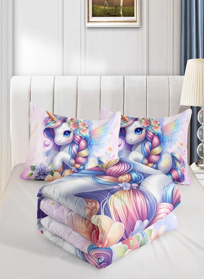 HOSIMA Unicorn Twin Comforter Set for Teenage Girl Room Decor,Kawaii Unicorn with Wings Surrounded by Flowers Print Animal Bedding,Fluffy Cute Bedding for Princess with 2 Pillowcases. - Image 5